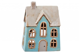 Keramický domek na čajovou svíčku, tyrkysový 19,5x15x10 cm