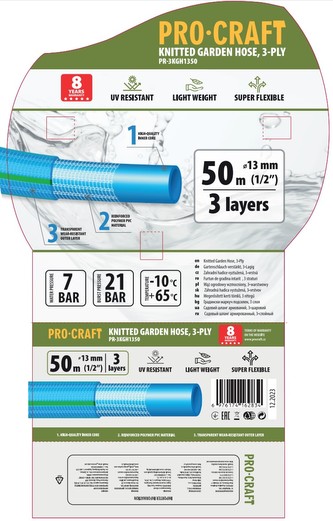 Zahradní hadicí Procraft PR-3KGH1350 3 vrstvy, 1/2" 50m | PR-3KGH1350
