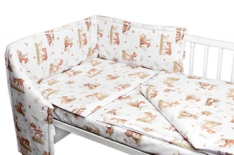 Mantinel s povlečením do postýlky, 3D sada - Roztomilá zvířátka, bílá/hnědá; 120x90