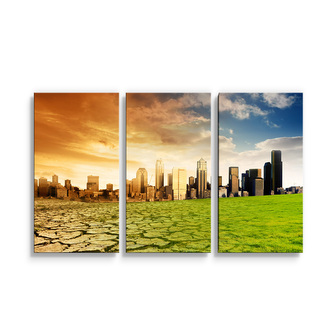 Obraz - 3-dílný Vyprahlá zem před mrakodrapy: 120x80 cm