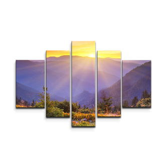 Obraz - 5-dílný Západ slunce nad lesem: 125x90 cm