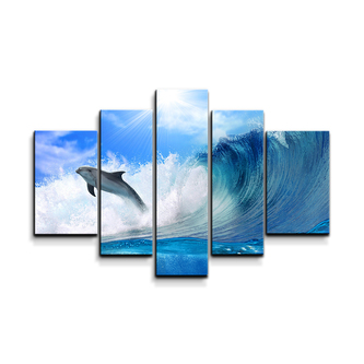 Obraz - 5-dílný Delfíni ve vlnách: 125x90 cm