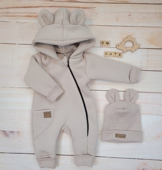 Oteplený dětský overal bez šlapek s kapucí + čepička, 2D, Kazum, béžový, vel. 68; 68 (3-6m)