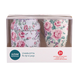 CHARLOTTA DÁRKOVÁ SADA SVĚTLÝ PORCELÁNOVÝ HRNEK 300ML S PLECHOVOU DÓZIČKOU 9X11.5CM