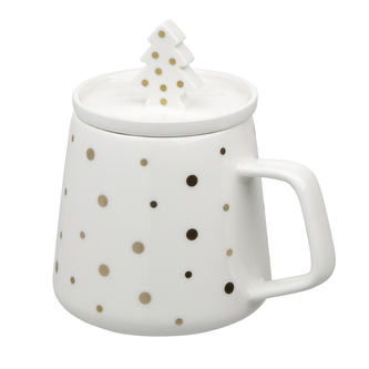 KUBEK STROMEK PORCELÁN NBC 370ML S VÍČKEM BÍLÝM S ZLATÝMI TEČKAMI V COLOR BOXU