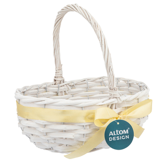 PROUTĚNÝ KOŠÍK OVÁLNÝ BÍLÝ S UCHEM A ŽLUTOU STUŽKOU 27X19X10 (24)CM