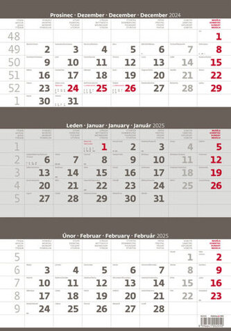 Kalendář nástěnný 2025 - Tříměsíční šedý