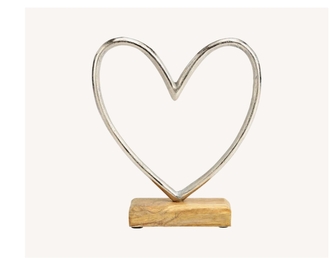 Kovové srdce na dřevěném podstavci 21x19x5 cm