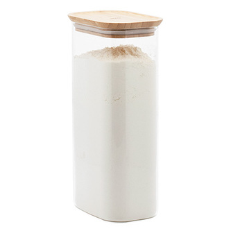 Dóza Pebbly, PKV-069, skleněná, objem 1,8 L, obdelníkový tvar, banmbusové víko, zaoblené hrany