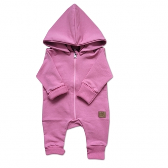 Dětský teplákový overal bez šlapek s odepínatelnou kapucí, bavlna, růžová, vel. 62; 62 (2-3m)