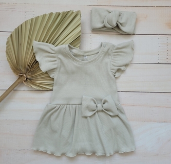 Žebrované sukničkobody s mašlí + čelenka 2D Girl - olivová, vel. 62; 62 (2-3m)