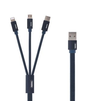 Datový kabel 3v1 Remax (RC-094th), USB A na Micro USB, Lightning, USB C, QC, přenos dat, barva modrá