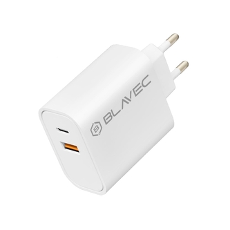 Cestovní nabíječ Blavec, 1x USB A, 1x USB C, PD 20W, QC 3.0, bílá