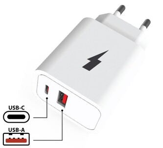 Síťová nabíječka 2xUSB PD 20W+QC3.0 18W -bez kabelu (Bílá)