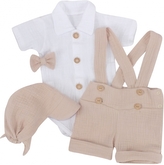 Mušelínové kraťasy s láclem, bodýčko, čepička, motýlek 4D sada, Z&Z, písková/bílá, vel. 74; 74 (6-9m)