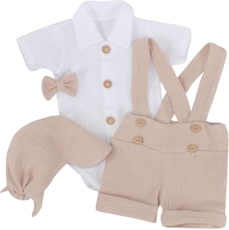 Mušelínové kraťasy s láclem, bodýčko, čepička, motýlek 4D sada, Z&Z, písková/bílá, vel. 80; 80 (9-12m)