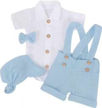 Mušelínové kraťasy s láclem, bodýčko, čepička, motýlek 4D sada, Z&Z, modrá/bílá, vel. 80; 80 (9-12m)