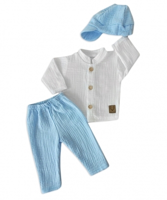 Elegantní mušelínová 3D sada - košile, kalhoty + čepice, 3D sada, bílá/modrá, vel. 74; 74 (6-9m)