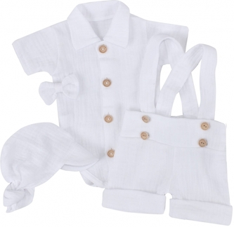 Mušelínové kraťasy s láclem, bodýčko, čepička, motýlek 4D sada, Z&Z, bílá/bílá, vel. 74; 74 (6-9m)