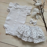 Mušelínová sukničkokraťásky, bodýčko a čelenka, 3D sada, bílá/dots, 80/86; 80/86 (12-18m)