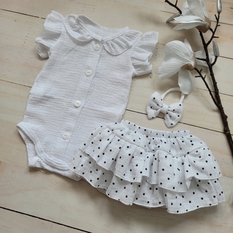 Mušelínová sukničkokraťásky, bodýčko a čelenka, 3D sada, bílá/dots, 68/74; 68/74 (6-9m)