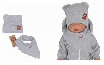 Z&Z Dvouvrstvá žebrovaná čepička s oušky + šátek, šedá, 68/74; 68/74 (6-9m)