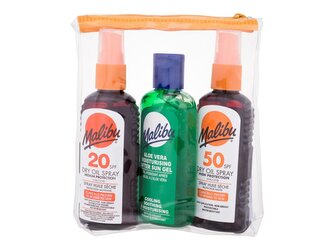 Malibu Travel suchý olej na opalování Dry Oil Spray SPF50 100 ml + suchý olej na opalování Dry Oil Spray SPF20 + gel po opalování Aloe Vera Moisturising After Sun Gel 100 ml