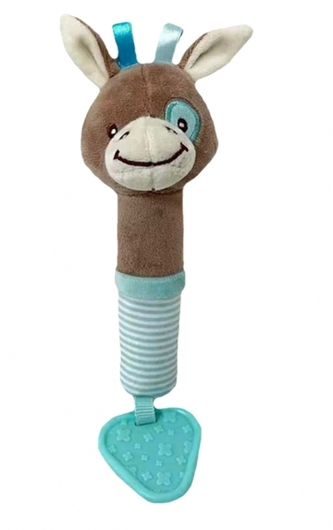 Plyšová hračka s pískátkem a kousátkem Oslík, 17 cm - modrá, hnědá
