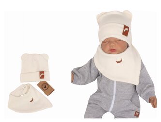 Z&Z Dvouvrstvá žebrovaná čepička s oušky + šátek, ecru, 68/74; 68/74 (6-9m)