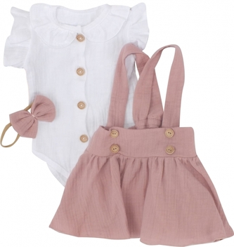 Mušelínová suknička s láclem, bodýčko a čelenka, 3D sada , bílá/starorůžová, vel. 74; 74 (6-9m)