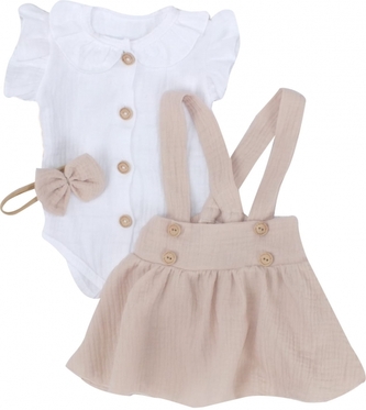 Mušelínová suknička s láclem, bodýčko a čelenka, 3D sada , bílá/béžová, vel. 62; 62 (2-3m)