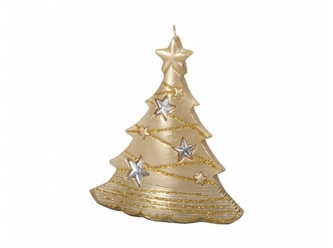 Svíčka STROMEK S HVĚZDAMI V vánoční metalická 15x16cm