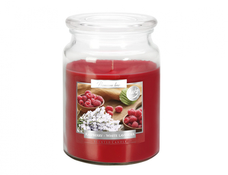 Svíčka ve skle MALINA-BÍLÁ LEVANDULE vonná 500g