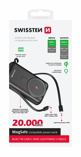 SWISSTEN POWER BANK 20000 mAh PD 20W S INTEGROVANÝMI KABELY  USB-C A LIGHTNING (kompatibilní s MagSafe)