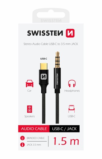 AUDIO ADAPTÉR SWISSTEN TEXTILE USB-C (samec)/3,5 mm JACK (samec) 1,5M ČERNÝ