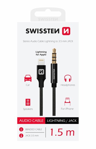 AUDIO ADAPTÉR SWISSTEN TEXTILE LIGHTNING (samec)/3,5 mm JACK(samec) 1,5 M ČERNÝ