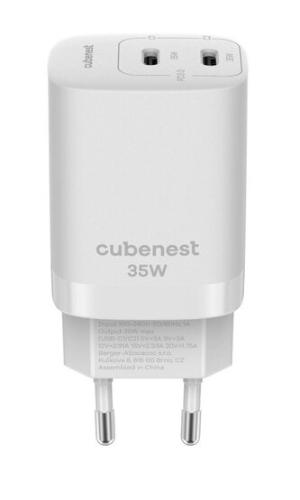 CubeNest S2D1 GaN Adaptér 35W bílá (2× USB-C až 35 W), PD, přepěťová a podpěťová ochrana, s technologií GaN, pro iPhone