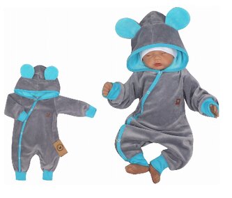 Z&Z Velurový kojenecký overálek s kapucí a oušky - tyrkysovo,šedý; 56 (1-2m)