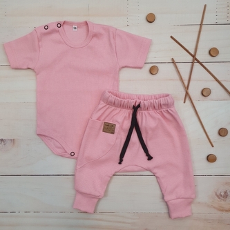 Žebrovaná souprava body kr. rukáv + tepláčky Magic, bavlna, růžová, vel. 80; 80 (9-12m)