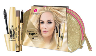 Dermacol Mega Lashes řasenka 13 ml + pudrový stín na obočí 1 g 2 + kosmetická taška