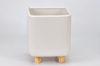 Bílý keramický květináč na nožkách II. jakost 16,6x14,2x14,2 cm