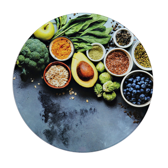 KESPER Multifunkční skleněná deska kulatá, motiv Zdravé vaření 27 x 27 x 0,7 cm