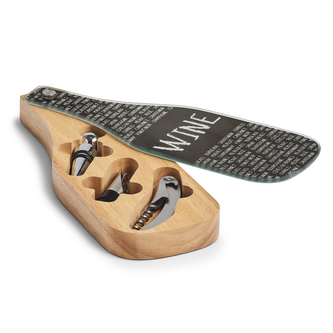 ZELLER Sada na víno tvar láhev, nerez, dřevo, sklo 10x27,8x3cm