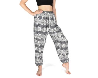 Kalhoty jóga MALAI, krémové, sloni, tmavě modrý potisk XL