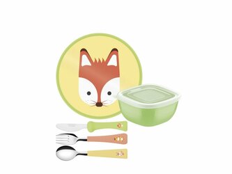 Tramontina 23797/908 Detský set Baby Friends/5ks (lyžička/vidlička/nožík/tanierik/dóza) lišiak