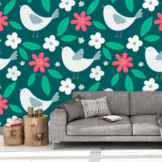 Tapeta Červené kvítí s ptáčky: 336x220 cm Tapeta Červené kvítí s ptáčky: 336x220 cm