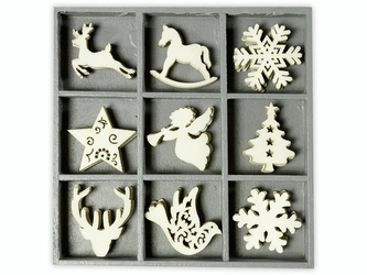 Dřevěné ozdoby v boxu 45ks - vánoce - 9 motivů po 5 ks, rozměr motivu: 3x3cm.