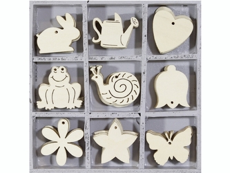 Dřevěné ozdoby v boxu 45ks - zvířátka - 9 motivů po 5 ks, rozměr motivu: 3x3cm.