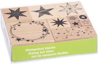 10 dřevěných razítek s motivy hvězdiček. Rozměr sady: 12 x 10 x 3cm.