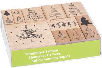 11 dřevěných razítek s motivy stromečků. Rozměr sady: 12 x 10 x 3cm